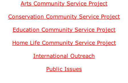 Arts Community Service Project  Conservation Community Service Project  Education Community Service Project  Home Life Community Service Project  International Outreach  Public Issues